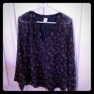 Blue Flowered Sheer Long Sleeve Top
